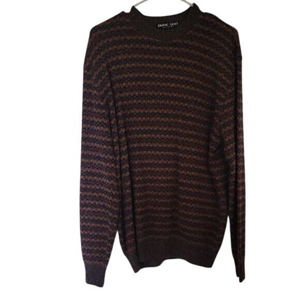 Emme Uno Mens‎ Merino Wool Blend Striped Crew Neck Sweater Brown Orange Blue M